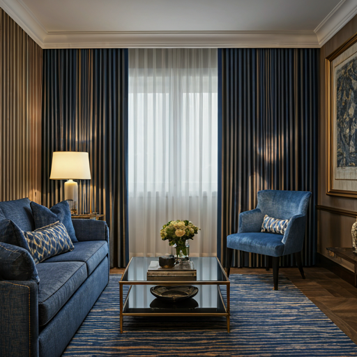 Luxury hotel suite interior design with high-end architectural textiles, warm lighting, elegant furniture, and a sophisticated navy and gold color palette